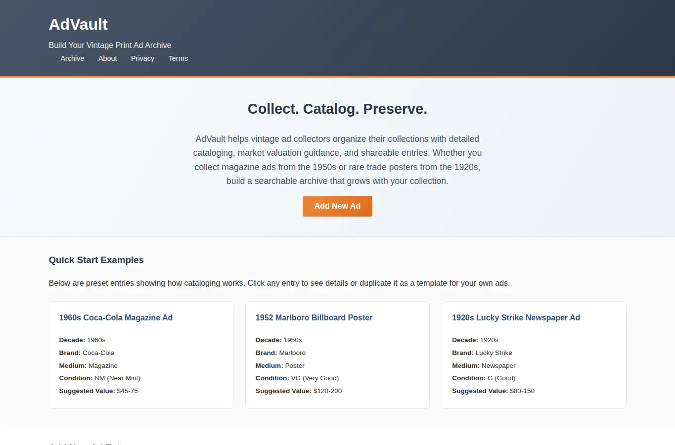 Screenshot of AdVault: Vintage Print Ad Archive Builder interface showing the project page in use